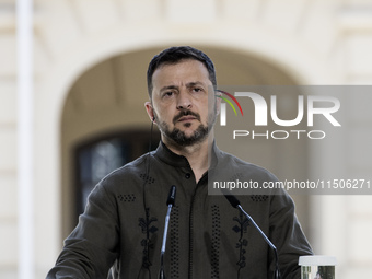 Ukrainian President Volodymyr Zelenskiy speaks during a joint press conference with Polish President Andrzej Duda and Lithuanian Prime Minis...