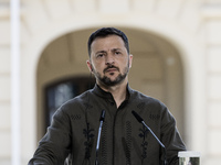 Ukrainian President Volodymyr Zelenskiy speaks during a joint press conference with Polish President Andrzej Duda and Lithuanian Prime Minis...