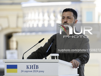 Ukrainian President Volodymyr Zelenskiy speaks during a joint press conference with Polish President Andrzej Duda and Lithuanian Prime Minis...