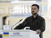 Ukrainian President Volodymyr Zelenskiy speaks during a joint press conference with Polish President Andrzej Duda and Lithuanian Prime Minis...