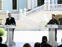 Polish President Andrzej Duda speaks during a joint press conference with Ukrainian President Volodymyr Zelenskiy and Lithuanian Prime Minis...