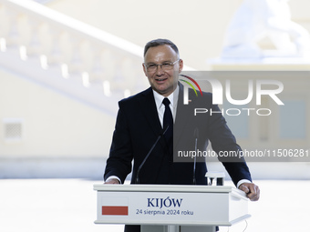 Polish President Andrzej Duda speaks during a joint press conference with Ukrainian President Volodymyr Zelenskiy and Lithuanian Prime Minis...