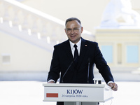 Polish President Andrzej Duda speaks during a joint press conference with Ukrainian President Volodymyr Zelenskiy and Lithuanian Prime Minis...