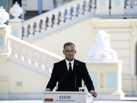 Polish President Andrzej Duda speaks during a joint press conference with Ukrainian President Volodymyr Zelenskiy and Lithuanian Prime Minis...