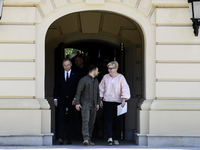 Ukraine's President Volodymyr Zelenskiy, Polish President Andrzej Duda, and Lithuanian Prime Minister Ingrida Simonyte arrive for a joint pr...