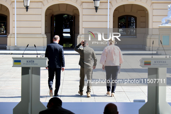 President of Poland Andrzej Duda, President of Ukraine Volodymyr Zelenskyy, and Prime Minister of Lithuania Ingrida Simonyte (L to R) leave...