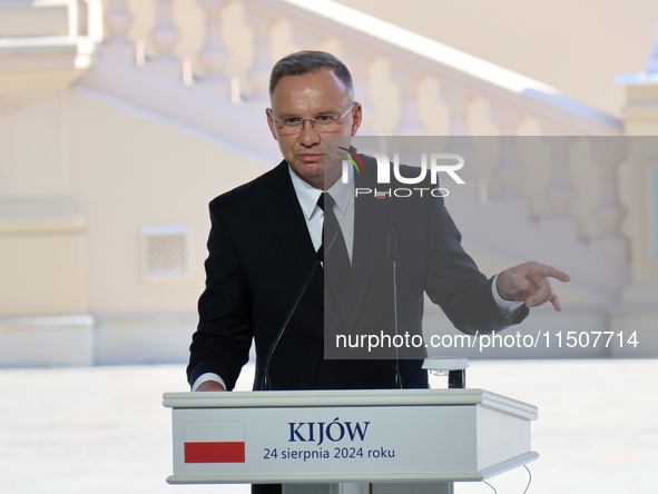 President of Poland Andrzej Duda attends a joint news conference with President of Ukraine Volodymyr Zelenskyy and Prime Minister of Lithuan...