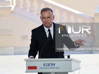 President of Poland Andrzej Duda attends a joint news conference with President of Ukraine Volodymyr Zelenskyy and Prime Minister of Lithuan...