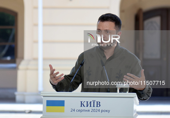 President of Ukraine Volodymyr Zelenskyy attends a joint news conference with President of Poland Andrzej Duda and Prime Minister of Lithuan...