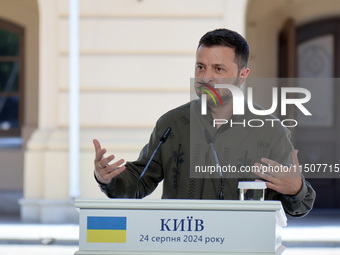 President of Ukraine Volodymyr Zelenskyy attends a joint news conference with President of Poland Andrzej Duda and Prime Minister of Lithuan...