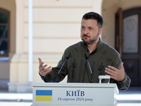 President of Ukraine Volodymyr Zelenskyy attends a joint news conference with President of Poland Andrzej Duda and Prime Minister of Lithuan...