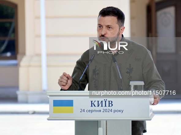 President of Ukraine Volodymyr Zelenskyy attends a joint news conference with President of Poland Andrzej Duda and Prime Minister of Lithuan...