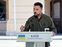 President of Ukraine Volodymyr Zelenskyy attends a joint news conference with President of Poland Andrzej Duda and Prime Minister of Lithuan...