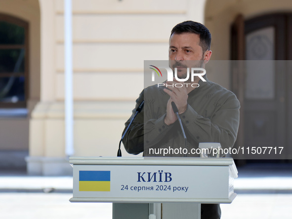 President of Ukraine Volodymyr Zelenskyy attends a joint news conference with President of Poland Andrzej Duda and Prime Minister of Lithuan...