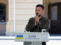 President of Ukraine Volodymyr Zelenskyy attends a joint news conference with President of Poland Andrzej Duda and Prime Minister of Lithuan...