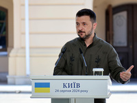 President of Ukraine Volodymyr Zelenskyy attends a joint news conference with President of Poland Andrzej Duda and Prime Minister of Lithuan...