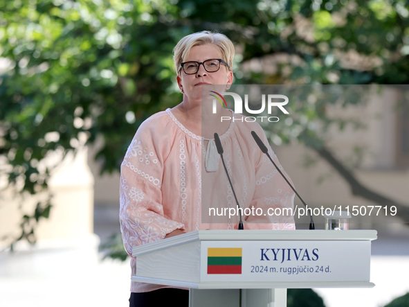 Prime Minister of Lithuania Ingrida Simonyte attends a joint news conference with President of Ukraine Volodymyr Zelenskyy and President of...