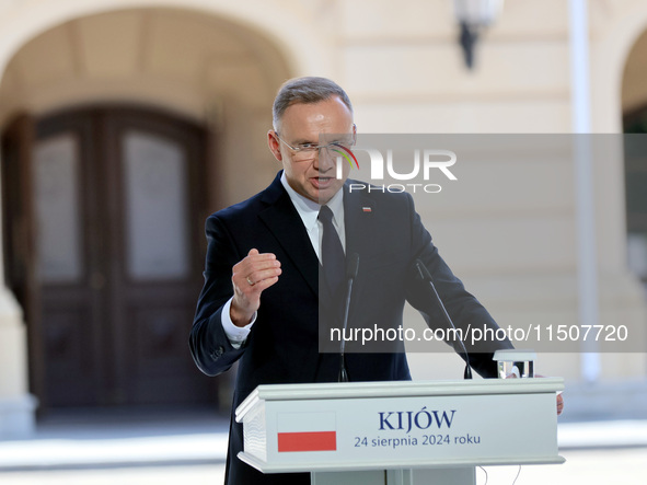 President of Poland Andrzej Duda attends a joint news conference with President of Ukraine Volodymyr Zelenskyy and Prime Minister of Lithuan...