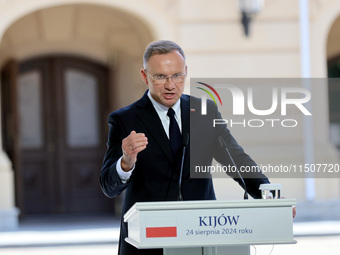 President of Poland Andrzej Duda attends a joint news conference with President of Ukraine Volodymyr Zelenskyy and Prime Minister of Lithuan...