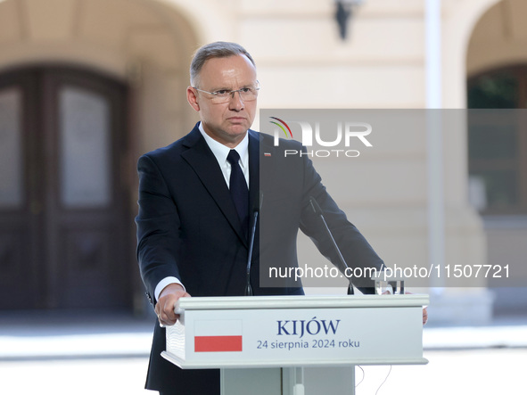 President of Poland Andrzej Duda attends a joint news conference with President of Ukraine Volodymyr Zelenskyy and Prime Minister of Lithuan...