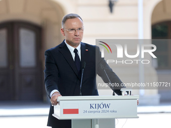 President of Poland Andrzej Duda attends a joint news conference with President of Ukraine Volodymyr Zelenskyy and Prime Minister of Lithuan...