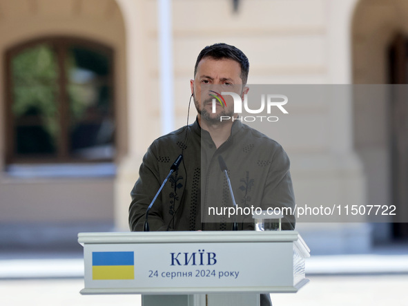 President of Ukraine Volodymyr Zelenskyy attends a joint news conference with President of Poland Andrzej Duda and Prime Minister of Lithuan...