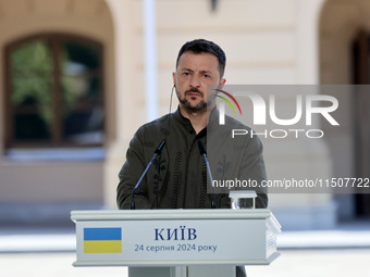 President of Ukraine Volodymyr Zelenskyy attends a joint news conference with President of Poland Andrzej Duda and Prime Minister of Lithuan...