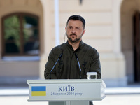 President of Ukraine Volodymyr Zelenskyy attends a joint news conference with President of Poland Andrzej Duda and Prime Minister of Lithuan...