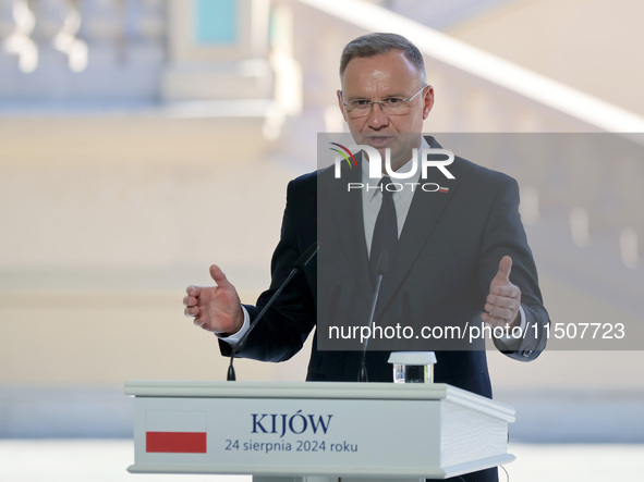 President of Poland Andrzej Duda attends a joint news conference with President of Ukraine Volodymyr Zelenskyy and Prime Minister of Lithuan...