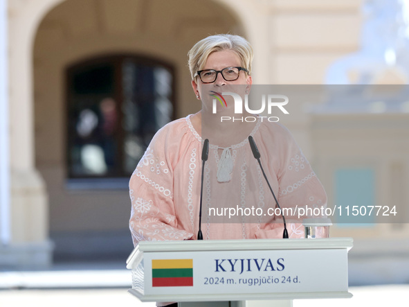 Prime Minister of Lithuania Ingrida Simonyte attends a joint news conference with President of Ukraine Volodymyr Zelenskyy and President of...