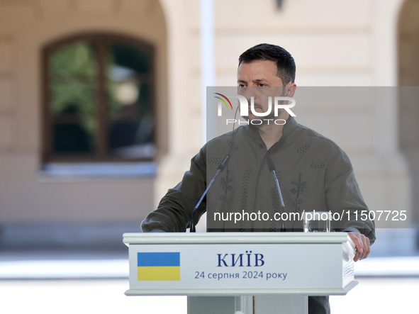 President of Ukraine Volodymyr Zelenskyy attends a joint news conference with President of Poland Andrzej Duda and Prime Minister of Lithuan...