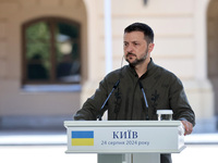 President of Ukraine Volodymyr Zelenskyy attends a joint news conference with President of Poland Andrzej Duda and Prime Minister of Lithuan...