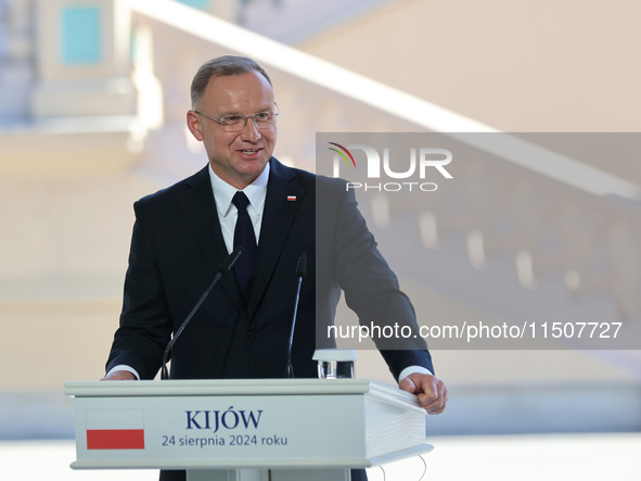 President of Poland Andrzej Duda attends a joint news conference with President of Ukraine Volodymyr Zelenskyy and Prime Minister of Lithuan...