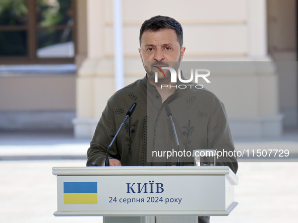 President of Ukraine Volodymyr Zelenskyy attends a joint news conference with President of Poland Andrzej Duda and Prime Minister of Lithuan...