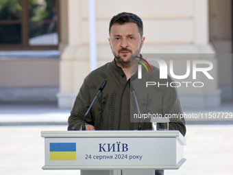 President of Ukraine Volodymyr Zelenskyy attends a joint news conference with President of Poland Andrzej Duda and Prime Minister of Lithuan...