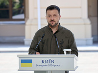 President of Ukraine Volodymyr Zelenskyy attends a joint news conference with President of Poland Andrzej Duda and Prime Minister of Lithuan...