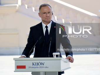 President of Poland Andrzej Duda attends a joint news conference with President of Ukraine Volodymyr Zelenskyy and Prime Minister of Lithuan...