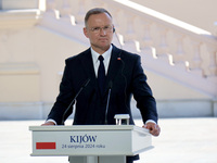 President of Poland Andrzej Duda attends a joint news conference with President of Ukraine Volodymyr Zelenskyy and Prime Minister of Lithuan...