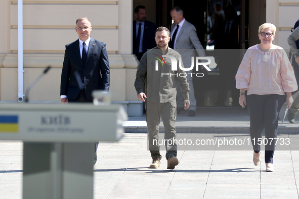 President of Poland Andrzej Duda, President of Ukraine Volodymyr Zelenskyy, and Prime Minister of Lithuania Ingrida Simonyte (L to R) arrive...