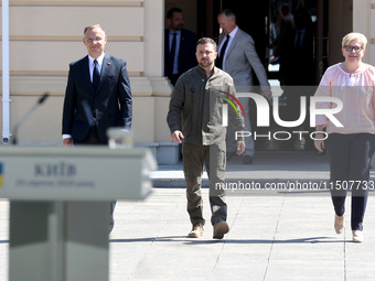 President of Poland Andrzej Duda, President of Ukraine Volodymyr Zelenskyy, and Prime Minister of Lithuania Ingrida Simonyte (L to R) arrive...