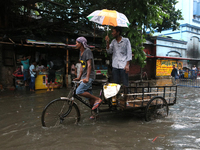 A street floods during the heavy monsoon rain in Kolkata, India, on August 24, 2024. (