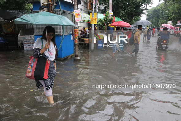 A street floods during the heavy monsoon rain in Kolkata, India, on August 24, 2024. 