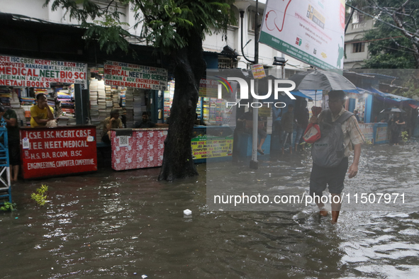 A street floods during the heavy monsoon rain in Kolkata, India, on August 24, 2024. 