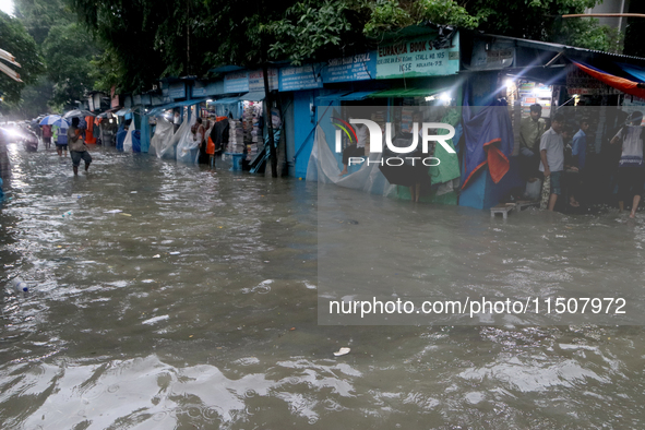 A street floods during the heavy monsoon rain in Kolkata, India, on August 24, 2024. 