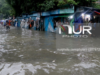 A street floods during the heavy monsoon rain in Kolkata, India, on August 24, 2024. (