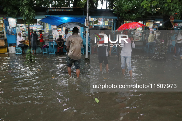 A street floods during the heavy monsoon rain in Kolkata, India, on August 24, 2024. 