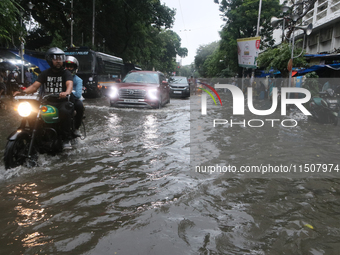 A street floods during the heavy monsoon rain in Kolkata, India, on August 24, 2024. (