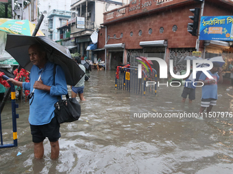 A street floods during the heavy monsoon rain in Kolkata, India, on August 24, 2024. (