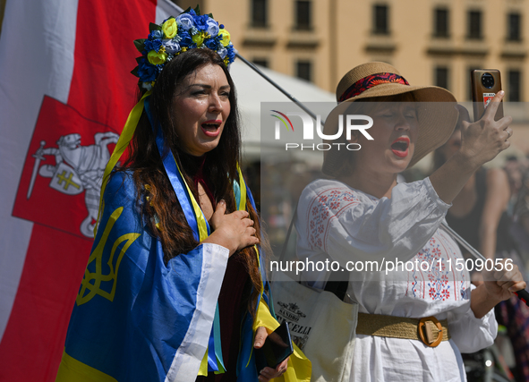 KRAKOW, POLAND - AUGUST 24:
Members of the Ukrainian diaspora in Krakow celebrate Ukrainian Independence Day with various events, including...