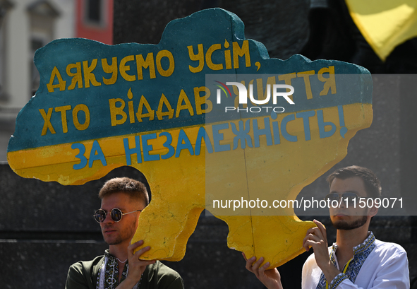 KRAKOW, POLAND - AUGUST 24:
Members of the Ukrainian diaspora in Krakow celebrate Ukrainian Independence Day with various events, including...